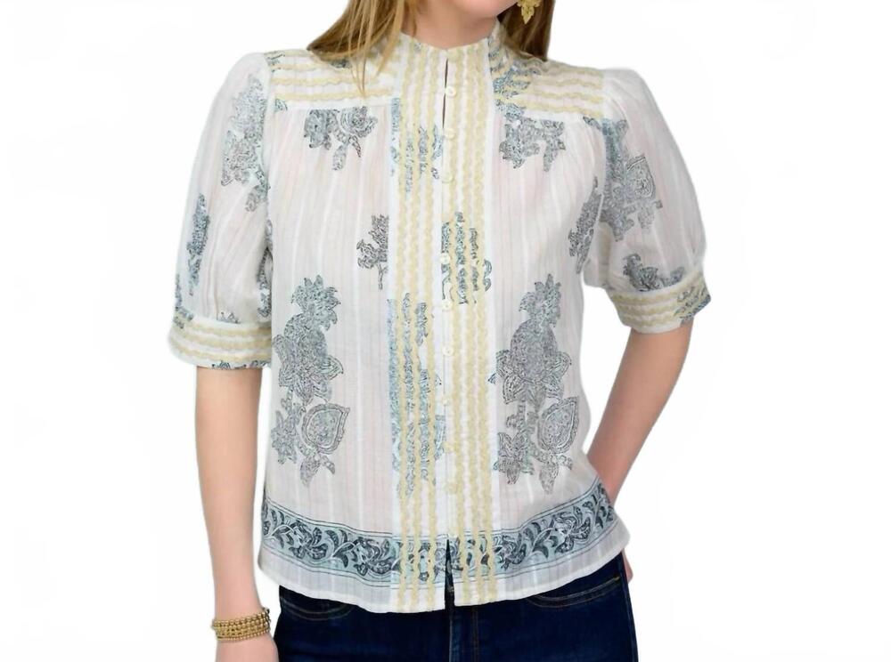 NEW IVY JANE metallic trim paisley glow top in white